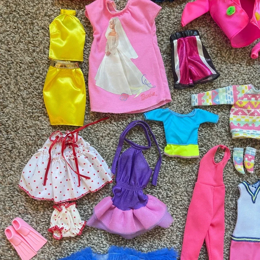 Vtg 60+ Piece Lot Barbie Doll Clothes 80s 90s Dresses Tops exercise neon workout
